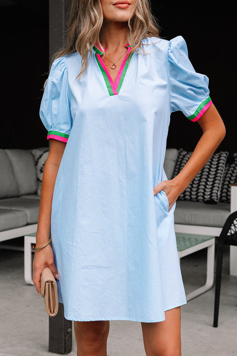 Striped Notched V Neck Puff Sleeve Tailored Trim Mini Dress