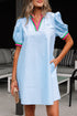 Striped Notched V Neck Puff Sleeve Tailored Trim Mini Dress