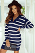 Striped O-Ring Zip Front Collared Drop Shoulder Long Sleeve Sweater Dress