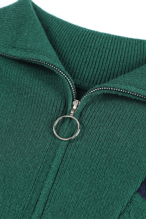 Striped O-Ring Zip Front Collared Drop Shoulder Long Sleeve Sweater Dress