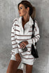 Striped O-Ring Zip Front Collared Drop Shoulder Long Sleeve Sweater Dress