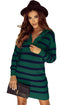 Striped O-Ring Zip Front Collared Drop Shoulder Long Sleeve Sweater Dress