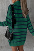 Striped O-Ring Zip Front Collared Drop Shoulder Long Sleeve Sweater Dress