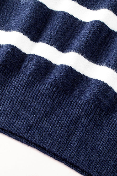 Striped O-Ring Zip Front Collared Drop Shoulder Long Sleeve Sweater Dress