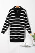 Striped O-Ring Zip Front Collared Drop Shoulder Long Sleeve Sweater Dress