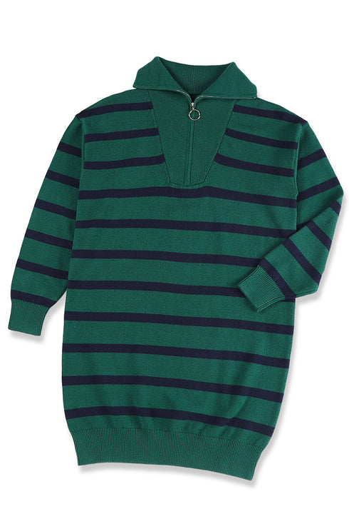 Striped O-Ring Zip Front Collared Drop Shoulder Long Sleeve Sweater Dress