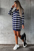 Striped O-Ring Zip Front Collared Drop Shoulder Long Sleeve Sweater Dress