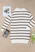 Striped O-Ring Zip Front Collared Drop Shoulder Long Sleeve Sweater Dress