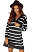 Striped O-Ring Zip Front Collared Drop Shoulder Long Sleeve Sweater Dress