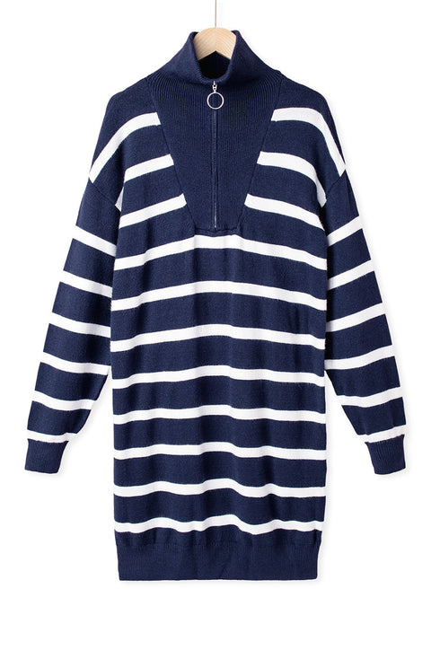 Striped O-Ring Zip Front Collared Drop Shoulder Long Sleeve Sweater Dress