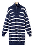 Striped O-Ring Zip Front Collared Drop Shoulder Long Sleeve Sweater Dress