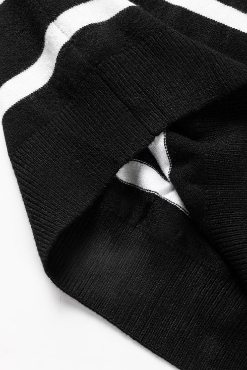 Striped O-Ring Zip Front Collared Drop Shoulder Long Sleeve Sweater Dress