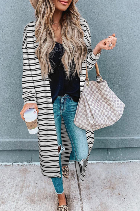 Striped Open Front Long Sleeve Duster Cardigan