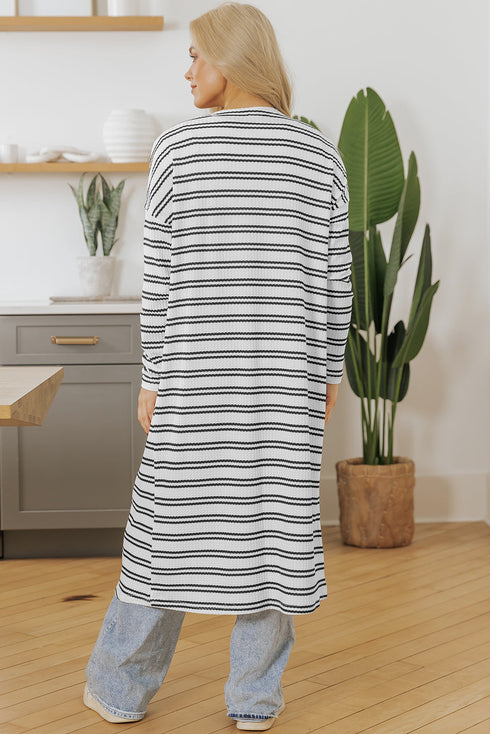 Striped Open Front Long Sleeve Duster Cardigan