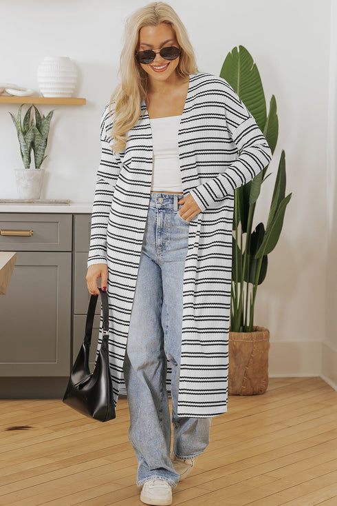 Striped Open Front Long Sleeve Duster Cardigan