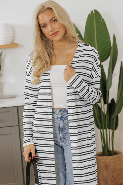 Striped Open Front Long Sleeve Duster Cardigan
