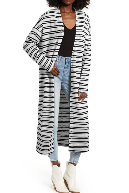 Striped Open Front Long Sleeve Duster Cardigan