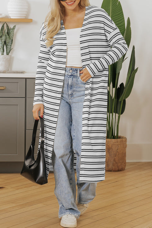 Striped Open Front Long Sleeve Duster Cardigan