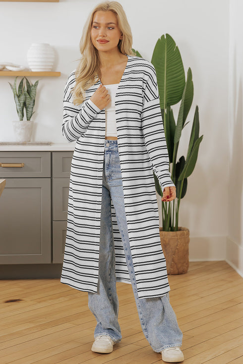 Striped Open Front Long Sleeve Duster Cardigan
