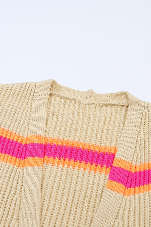 Striped Open Front Long Sleeve Ribbed Knit Cardigan