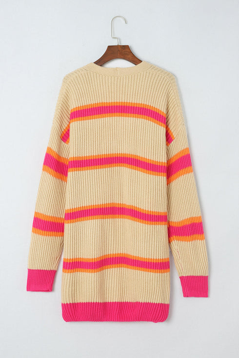 Striped Open Front Long Sleeve Ribbed Knit Cardigan