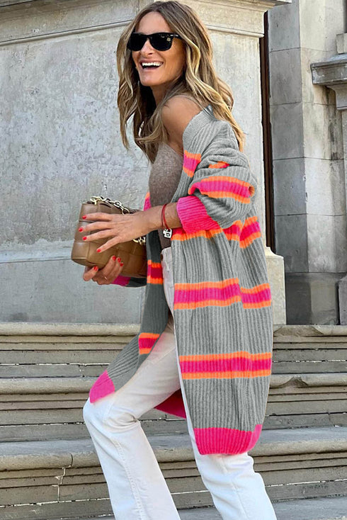 Striped Open Front Long Sleeve Ribbed Knit Cardigan