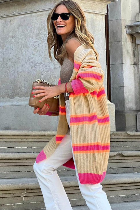 Striped Open Front Long Sleeve Ribbed Knit Cardigan
