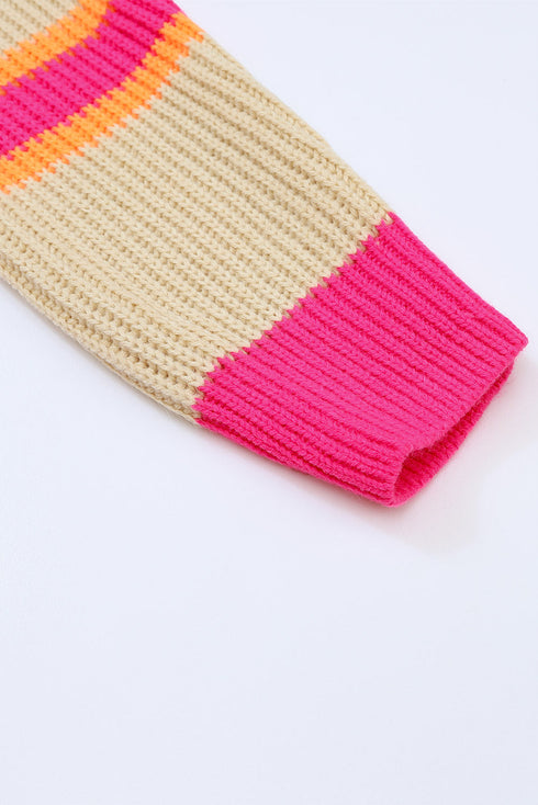 Striped Open Front Long Sleeve Ribbed Knit Cardigan