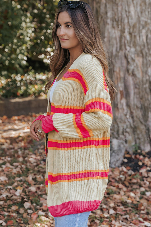 Striped Open Front Long Sleeve Ribbed Knit Cardigan