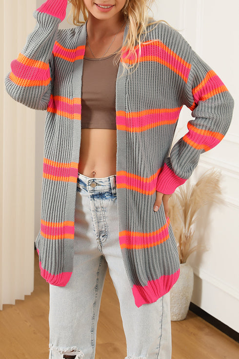 Striped Open Front Long Sleeve Ribbed Knit Cardigan