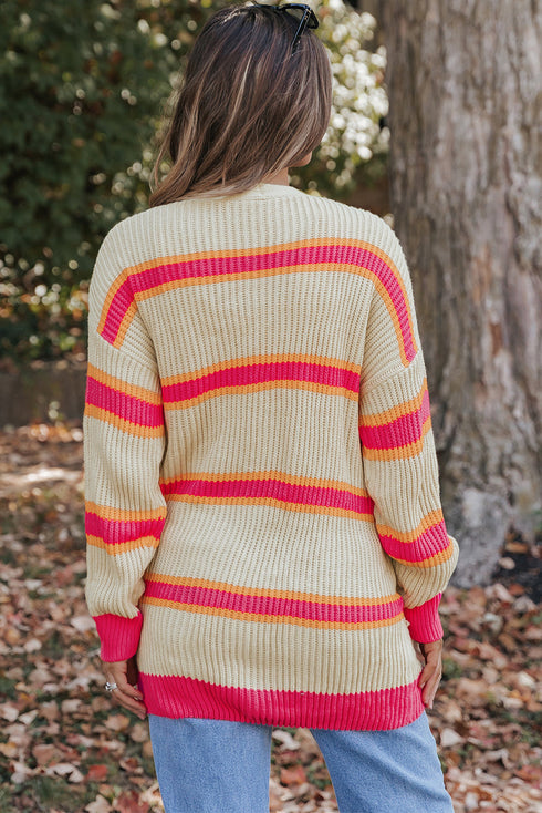 Striped Open Front Long Sleeve Ribbed Knit Cardigan