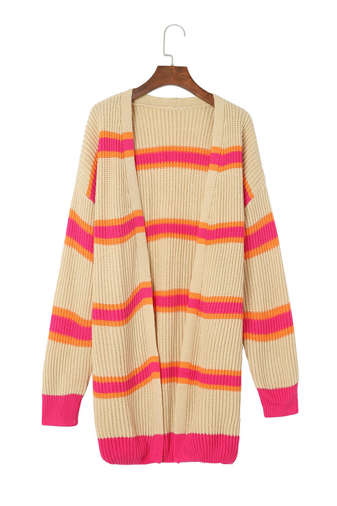 Striped Open Front Long Sleeve Ribbed Knit Cardigan