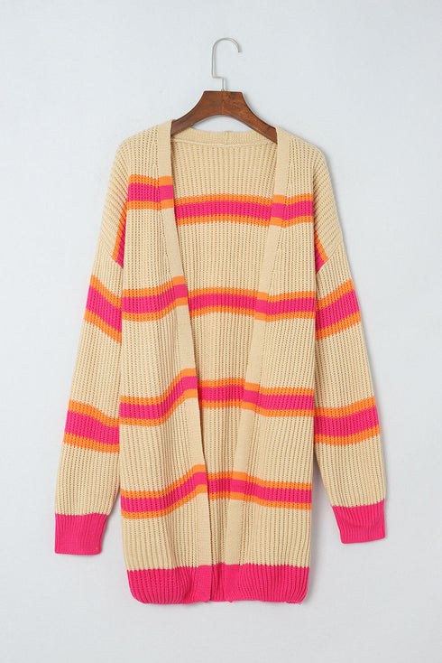 Striped Open Front Long Sleeve Ribbed Knit Cardigan