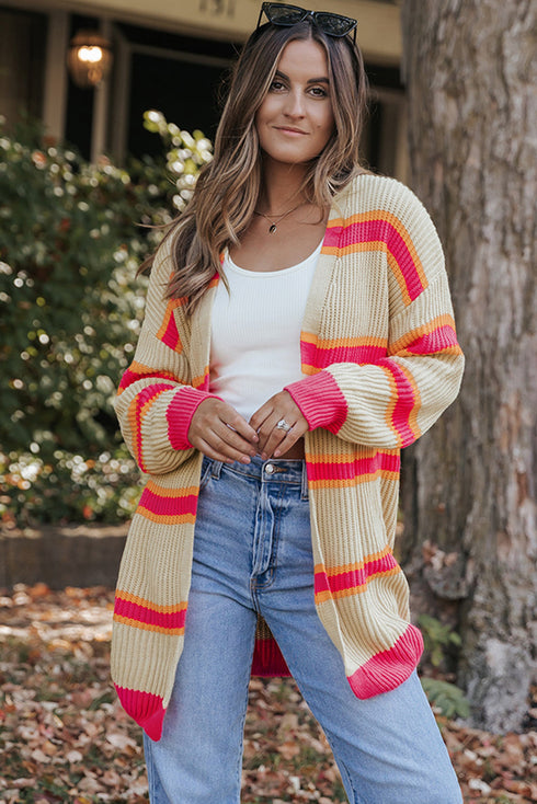 Striped Open Front Long Sleeve Ribbed Knit Cardigan