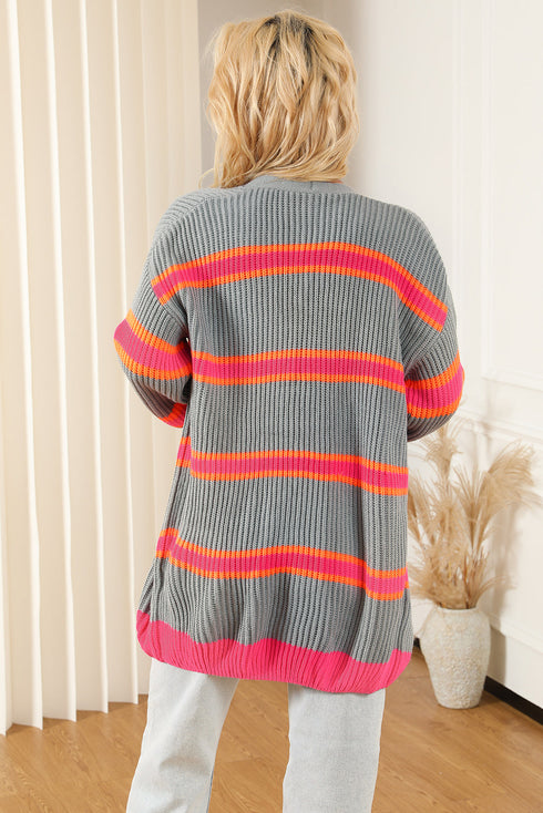Striped Open Front Long Sleeve Ribbed Knit Cardigan
