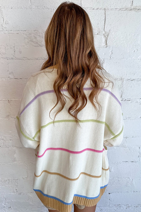 Striped Open Front Patch Pocket Knit Cardigan