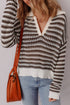 Striped Open Knit Collared Long Sleeve Sweater