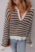 Striped Open Knit Collared Long Sleeve Sweater