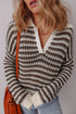 Striped Open Knit Collared Long Sleeve Sweater