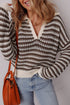 Striped Open Knit Collared Long Sleeve Sweater