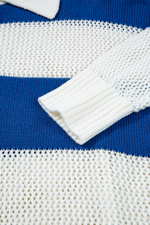Striped Open Knit Collared Polo Pullover Sweater