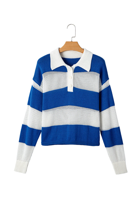 Striped Open Knit Collared Polo Pullover Sweater