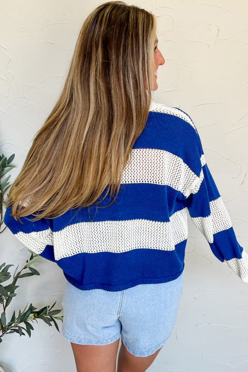 Striped Open Knit Collared Polo Pullover Sweater