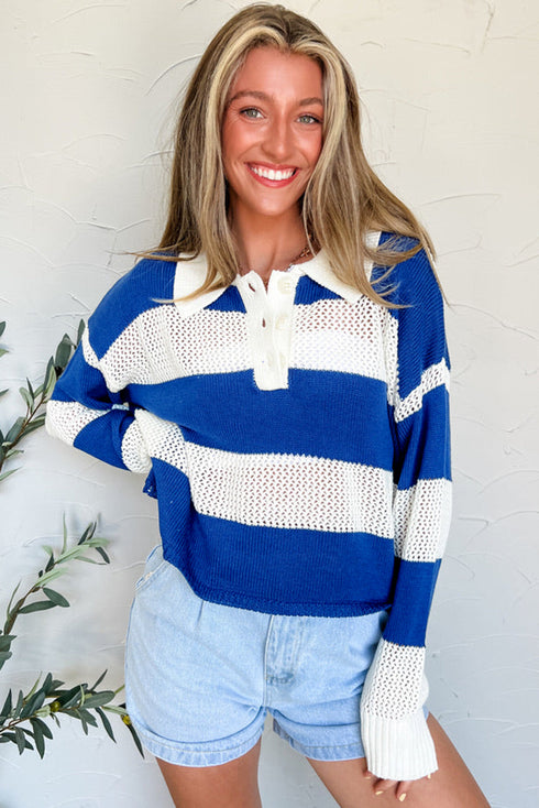Striped Open Knit Collared Polo Pullover Sweater