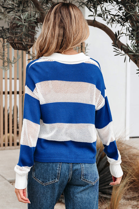 Striped Open Knit Collared Polo Pullover Sweater
