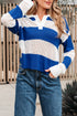 Striped Open Knit Collared Polo Pullover Sweater