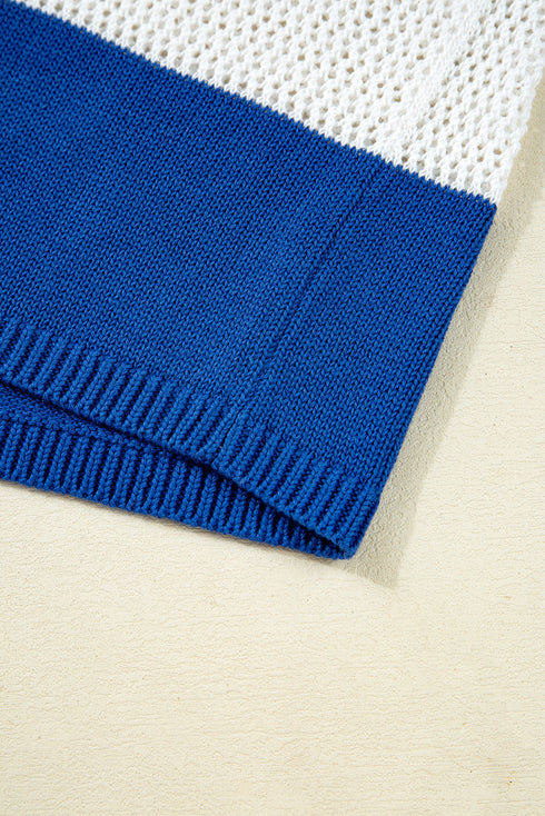 Striped Open Knit Collared Polo Pullover Sweater