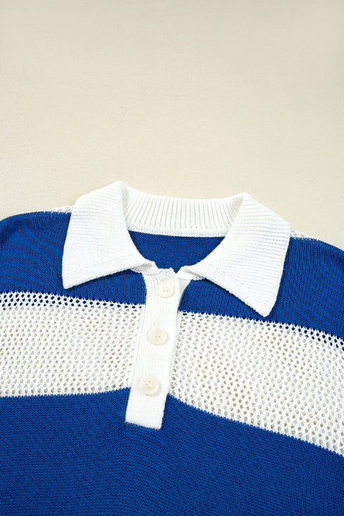 Striped Open Knit Collared Polo Pullover Sweater