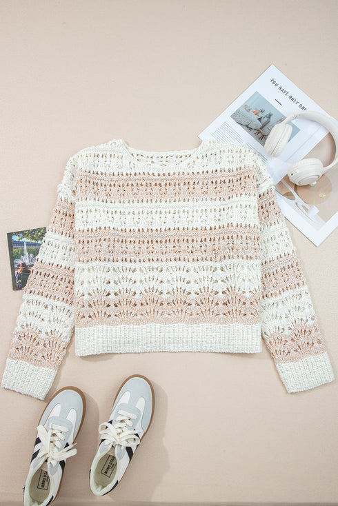 Striped Open Knit Crew Neck Pullover Sweater