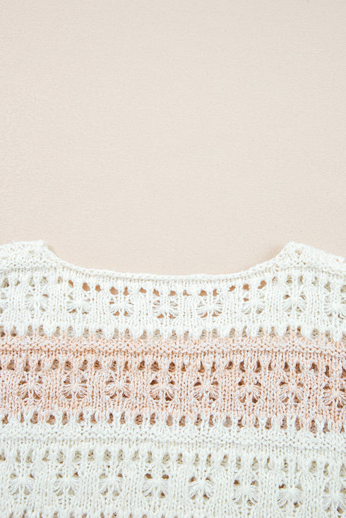 Striped Open Knit Crew Neck Pullover Sweater